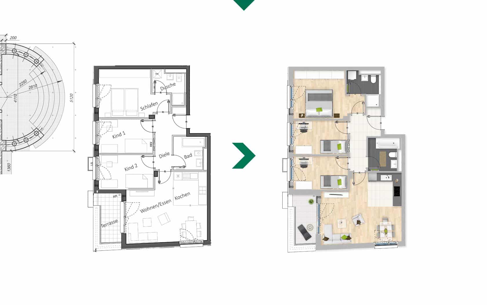 EAZEE Immobilienmarketing Terrafinanz Luisengruen Grundrisskolorierung